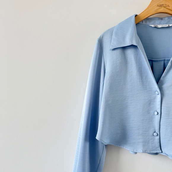 ZARA Satin Cropped Button-Front Blouse Light Blue Size M Minimal Chic - Picture 6 of 10